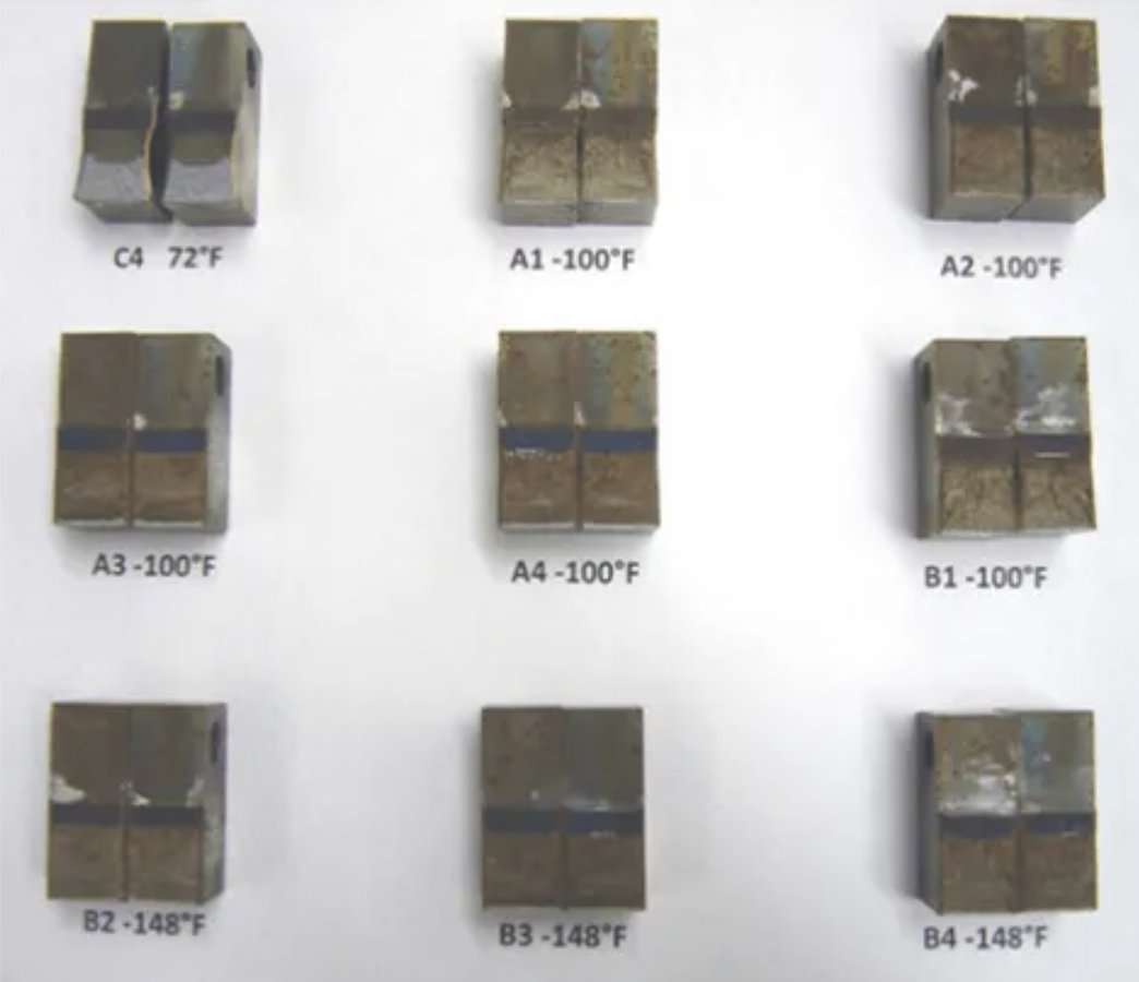Figure 2: Fracture surfaces of nine 0.45T CT specimens tested at various temperatures (72°F to -148°F).